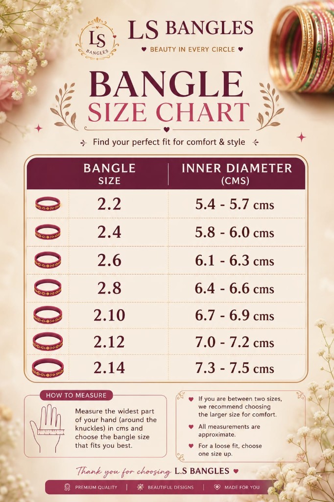 LS Bangles size chart — inner diameter guide for sizes 1.10 to 2.14